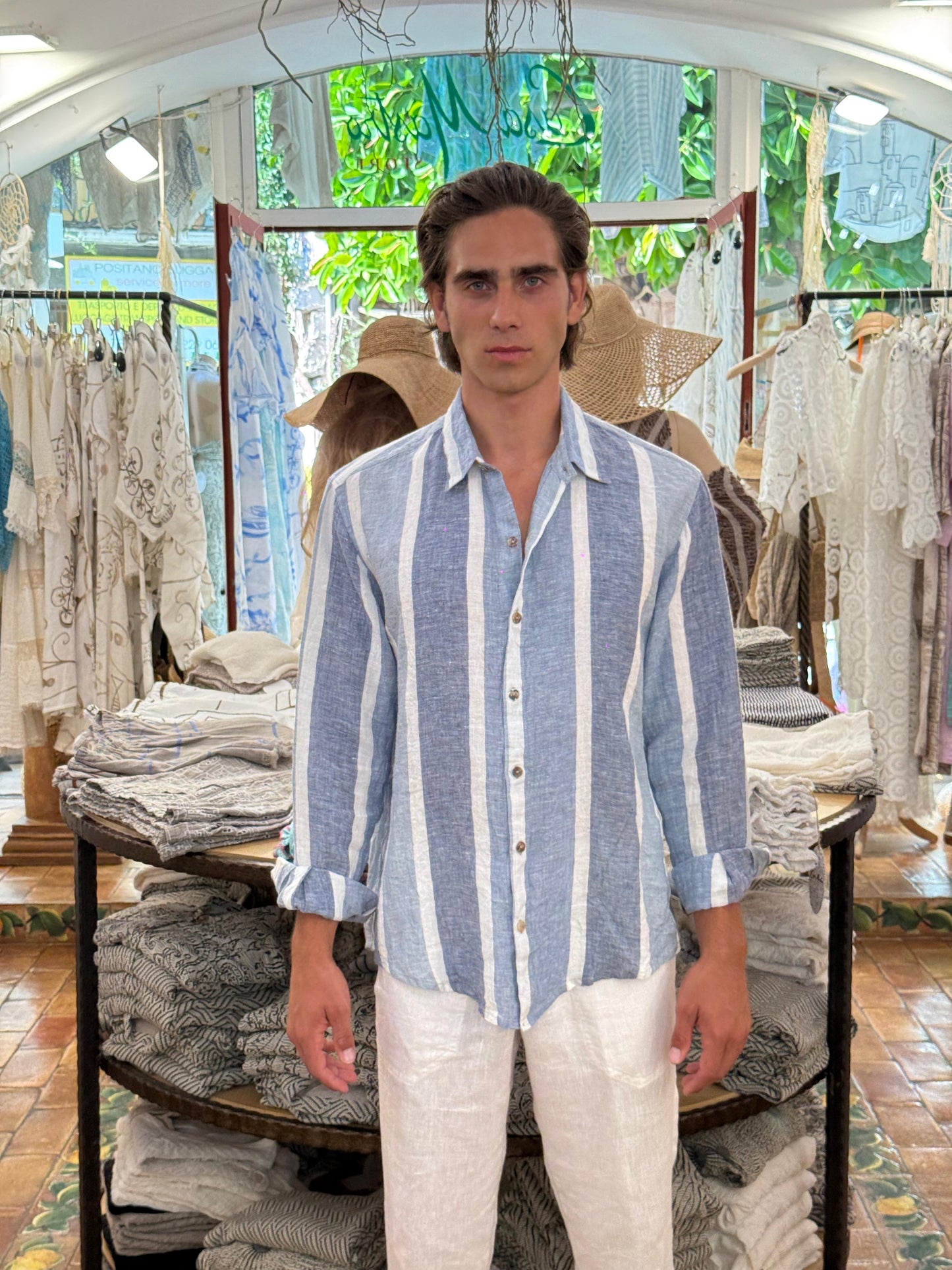 CAMICIA REGULAR FIT IN 100% LINEN FASCE BANDE DENIM COLOUR
