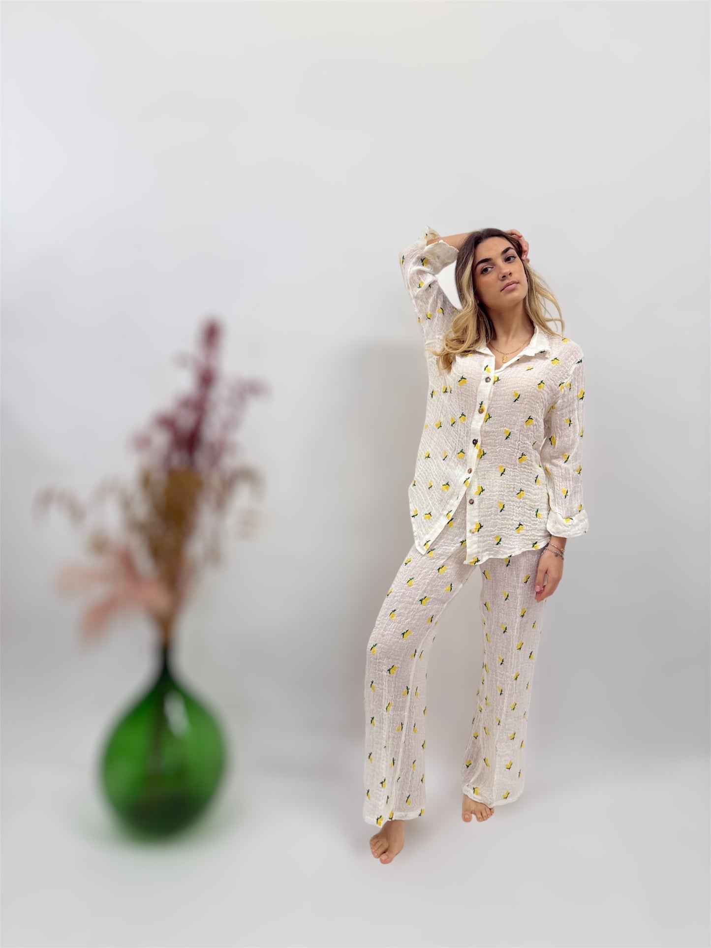 COMPLETO LINO RETE MODA MARE POSITANO CON MICRO LIMONI RICAMATI