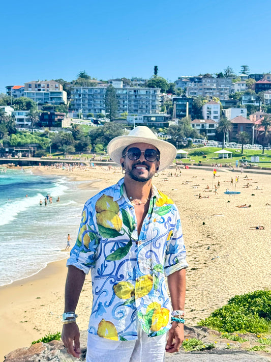 LINEN SHIRT FOR MEN WITH MAJOLICA AND LEMONS PRINT MADE IN POSITANO