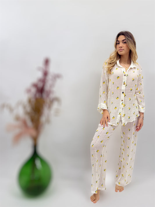 COMPLETO LINO RETE MODA MARE POSITANO CON MICRO LIMONI RICAMATI