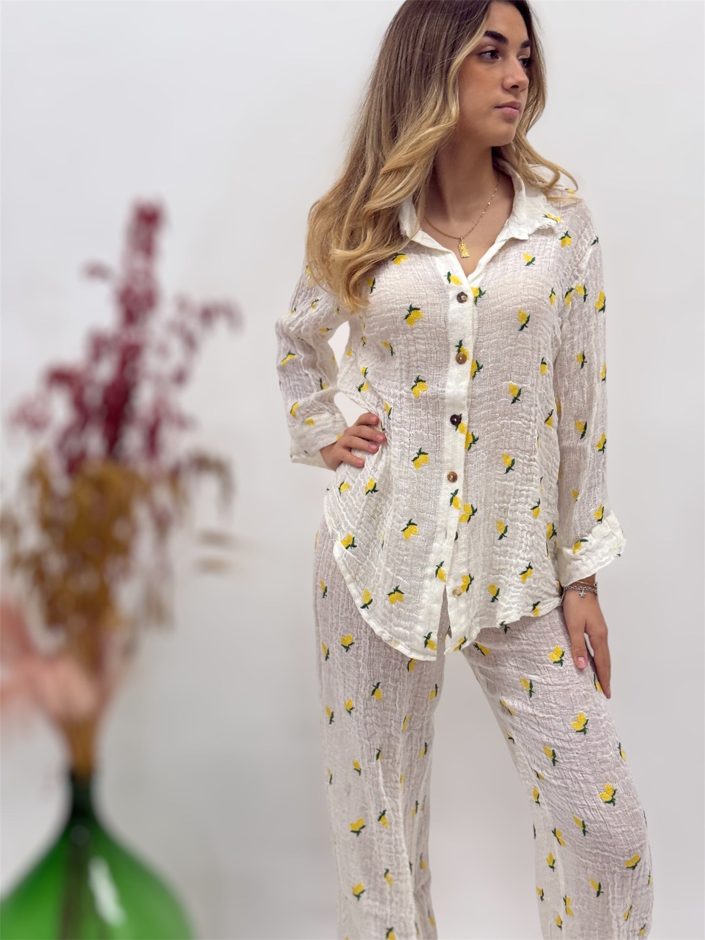 COMPLETO LINO RETE MODA MARE POSITANO CON MICRO LIMONI RICAMATI