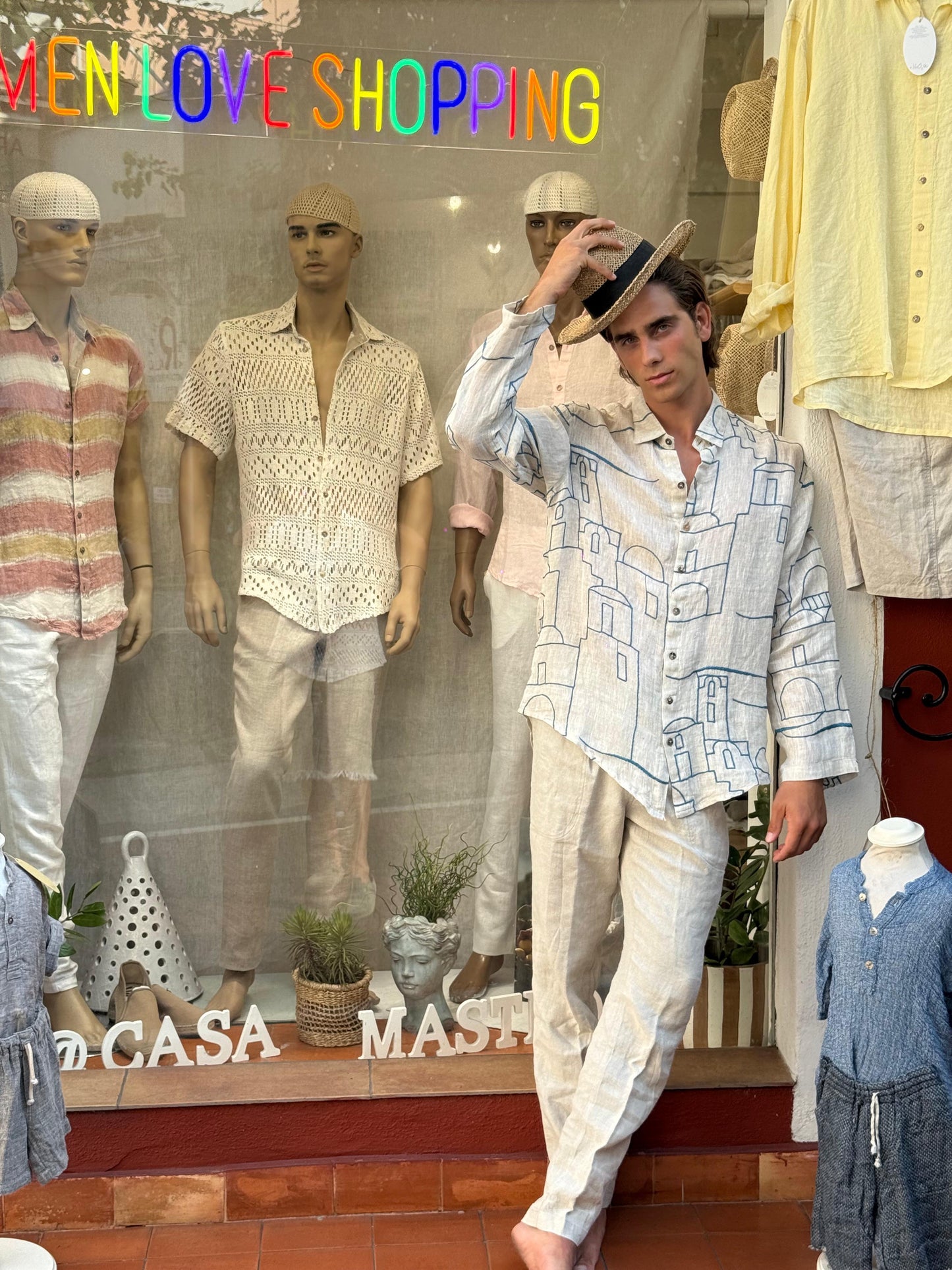 CAMICIA POSITANO OUTLINE EMBROIDERED PATTERN IN 100% LINEN