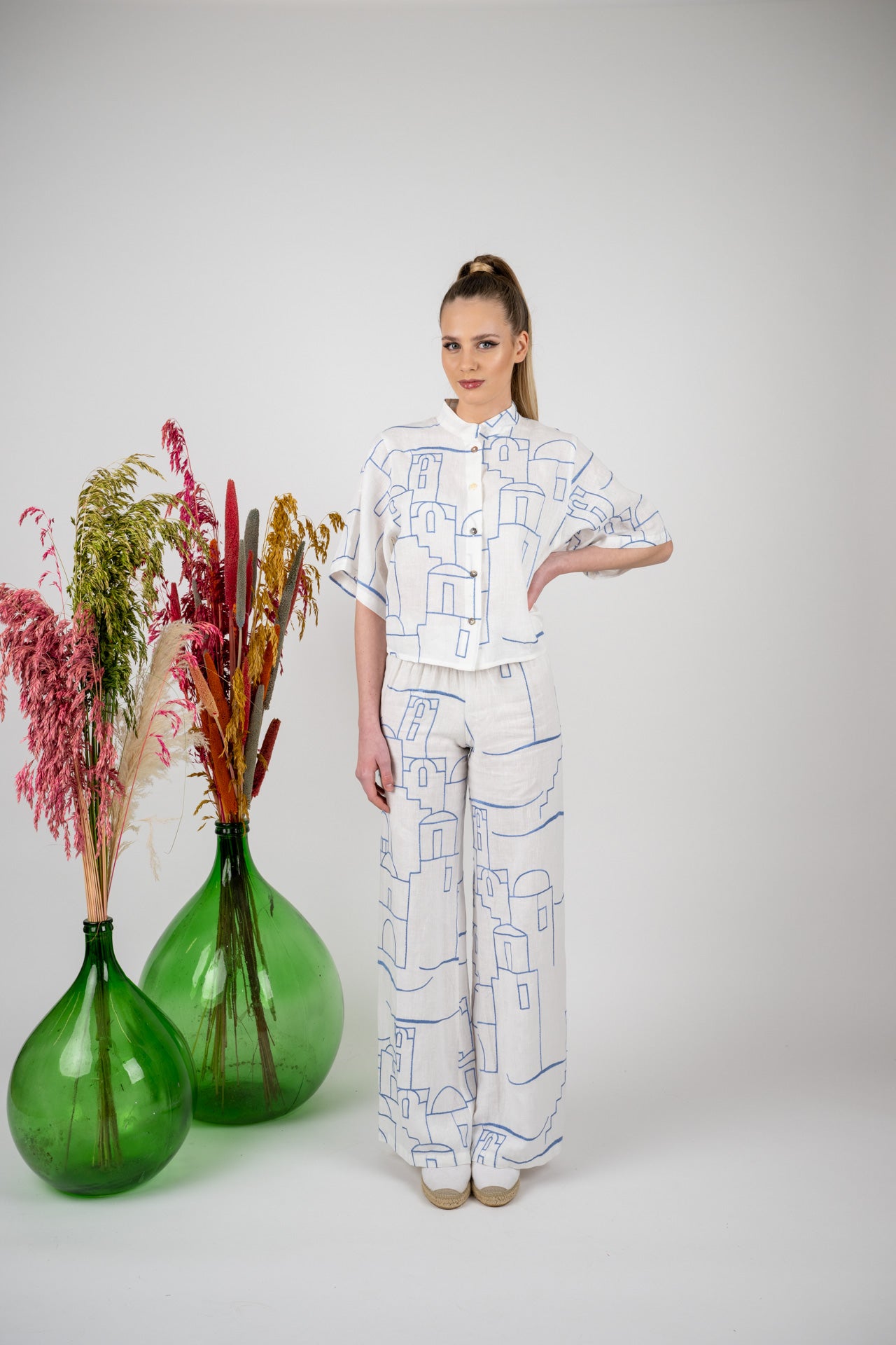 COMPLETO IN LINO RICAMATO MODA MARE POSITANO MADE IN ITALY