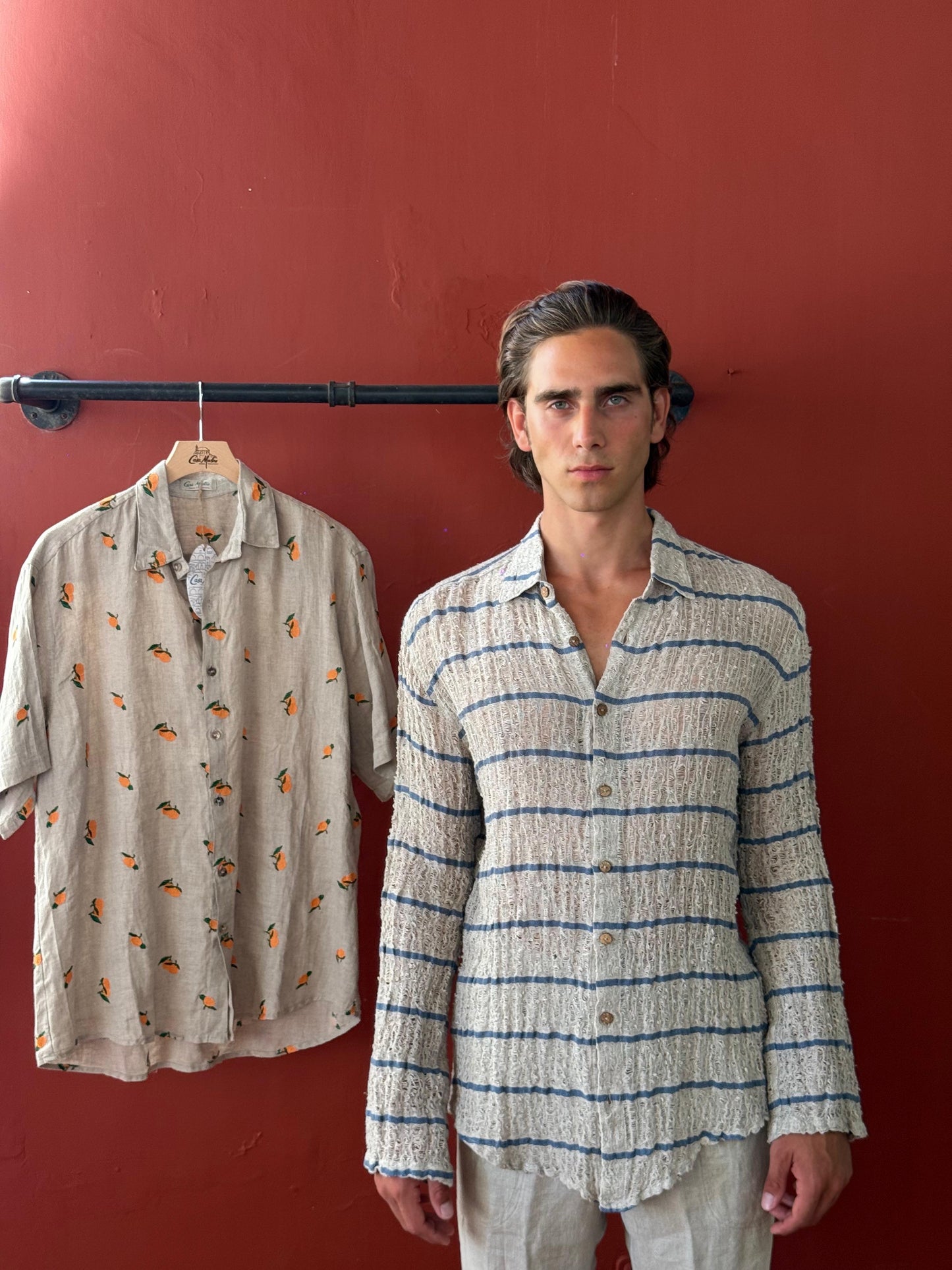 CAMICIA FULLBUTTONS IN RETE DI LINO écru riga blue