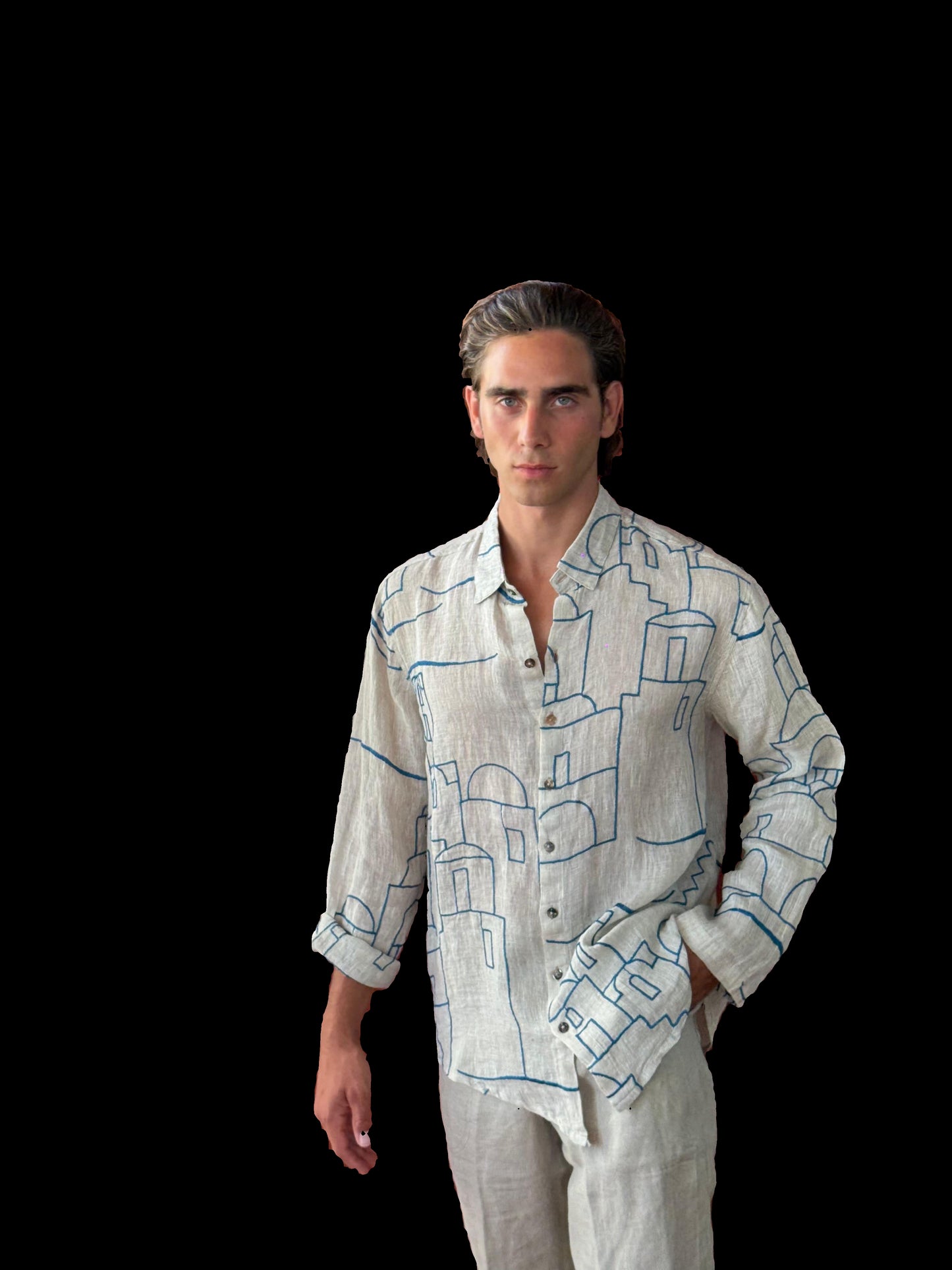 CAMICIA RICAMO POSITANO OUTLINE HOUSES EMBROIDERED