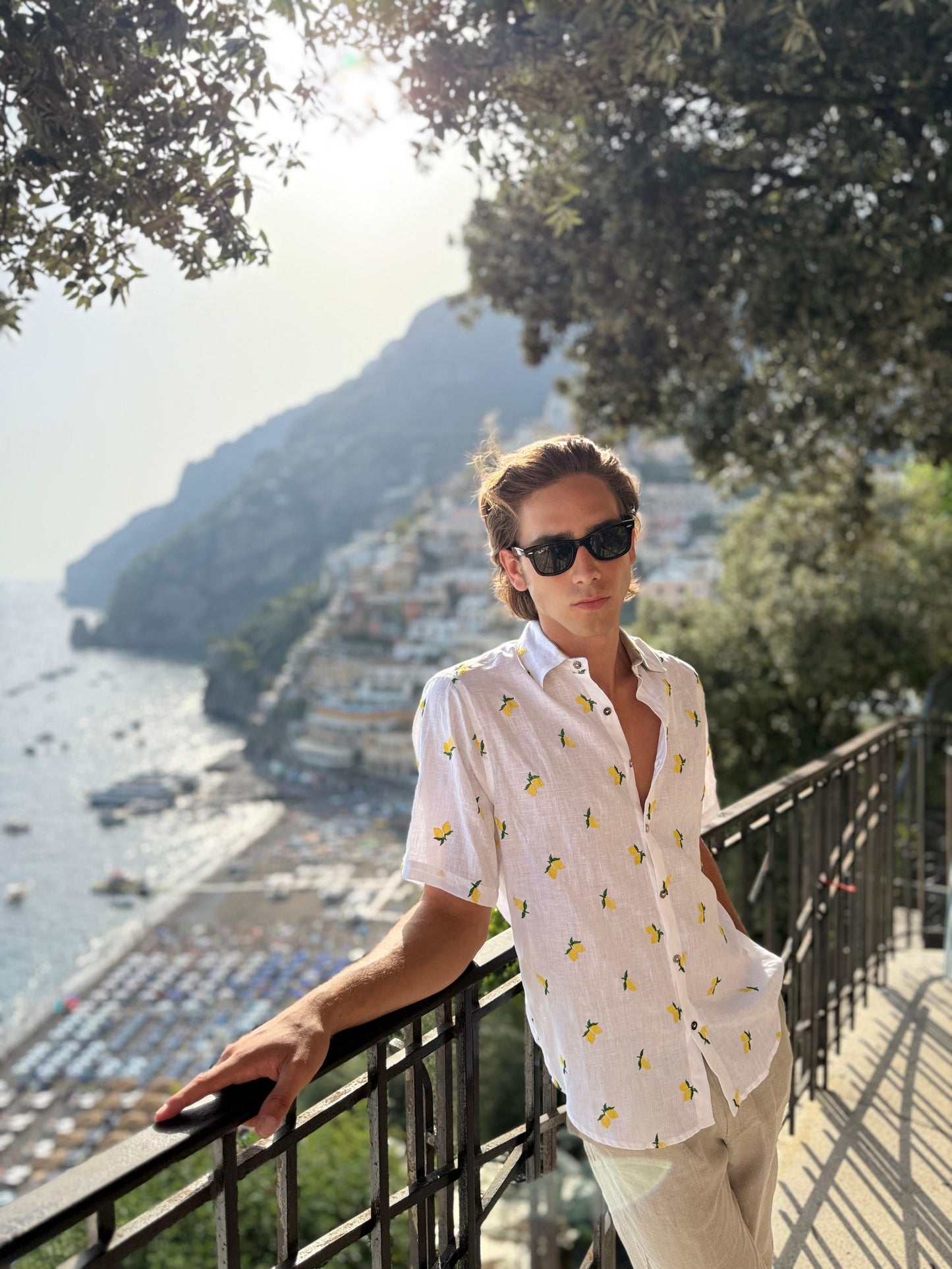 CAMICIA MEZZA MANICA LIMONI RICAMATI MODA MARE POSITANO MADE IN ITALY