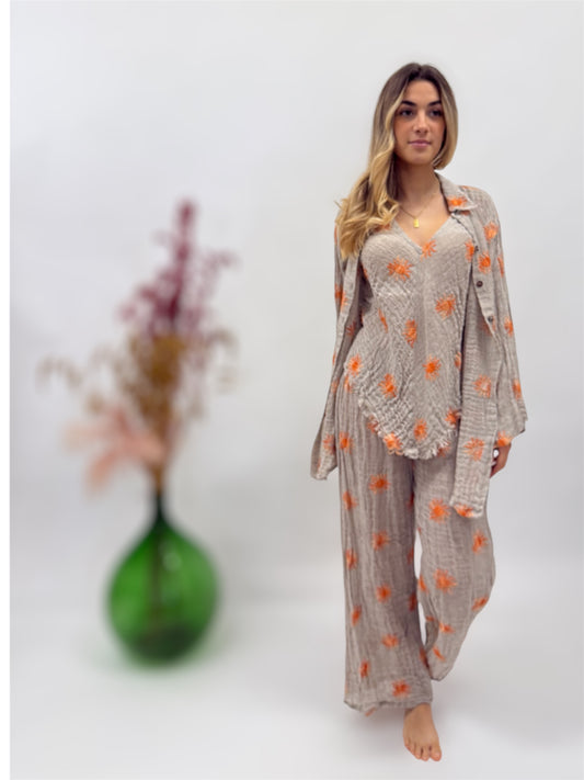 COMPLETO LINO GREZZO CON SOLI RICAMATI MODA MARE POSITANO