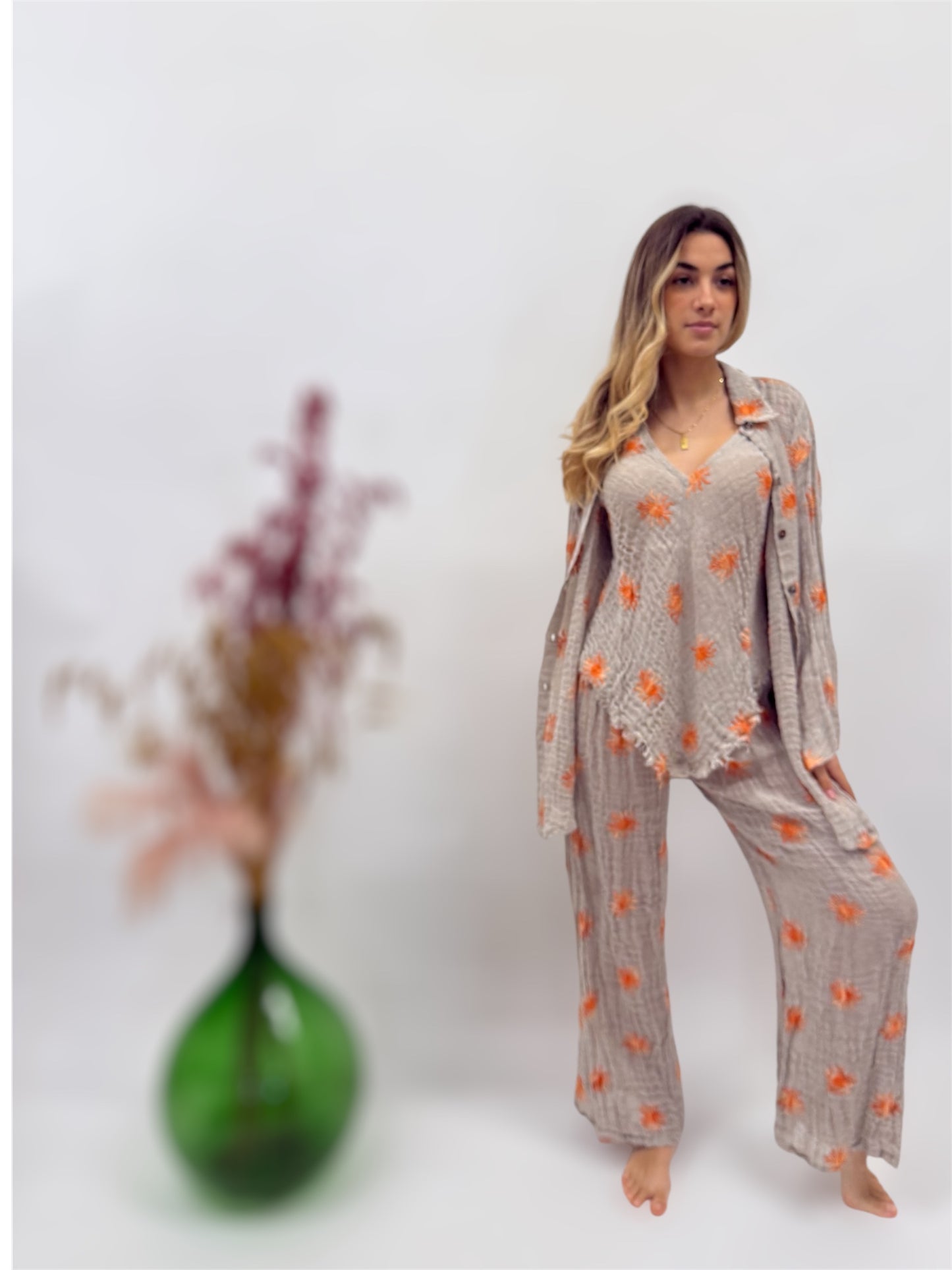 COMPLETO LINO GREZZO CON SOLI RICAMATI MODA MARE POSITANO