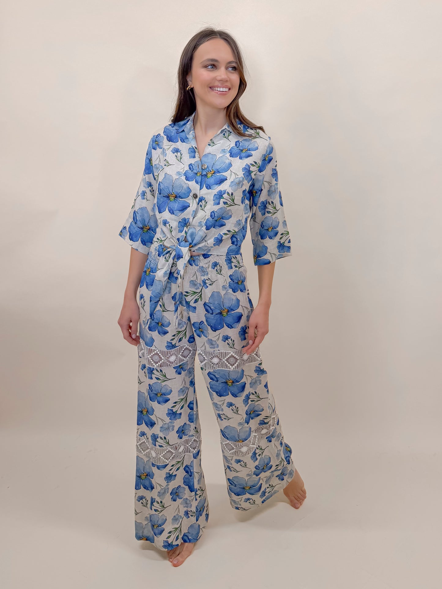 SET GONNA E CAMICIA SOFIA STAMPA FIORE, LINO MODA MARE POSITANO MADE IN ITALY