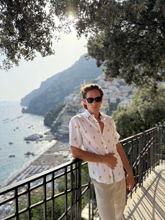 CAMICIA MEZZA MANICA LIMONI RICAMATI MODA MARE POSITANO MADE IN ITALY