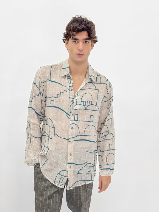 ECRU LINEN SHIRT WITH EMBROIDERED POSITANO HOUSES PROFILE IN GREEN