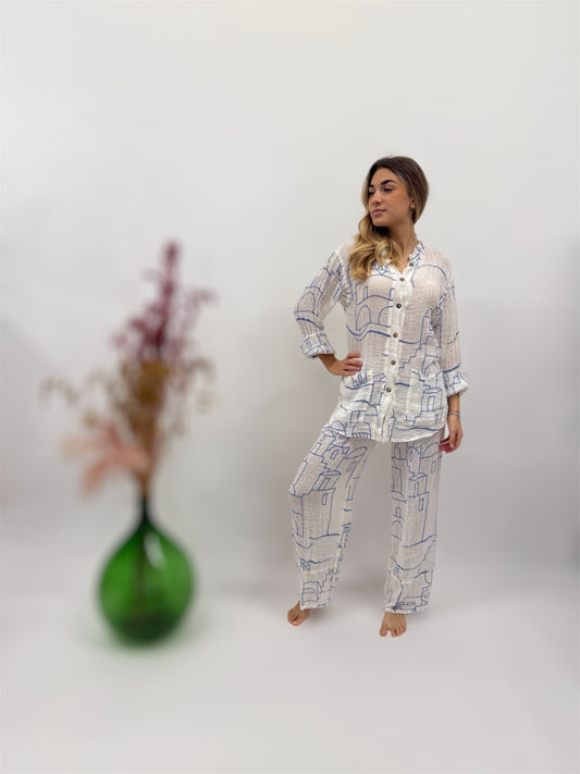 SET PANTS AND JACKET IN 100% LINEN WITH POSITANO TRIM