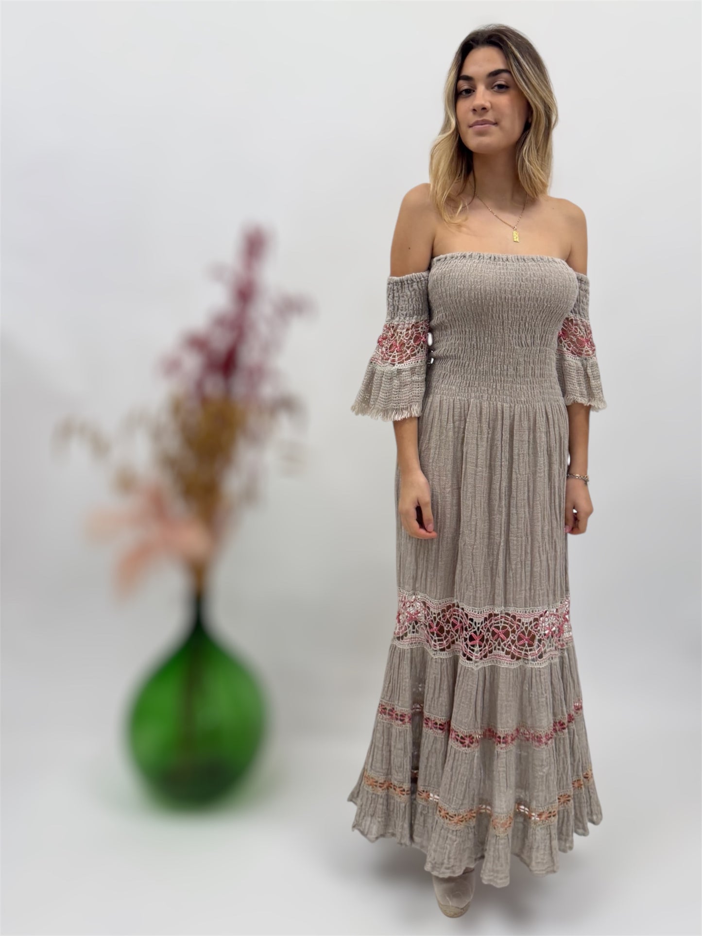 RAW LINEN DRESS WITH LACE INSERTS MADE IN ITALY POSITANO BEACH FASHION