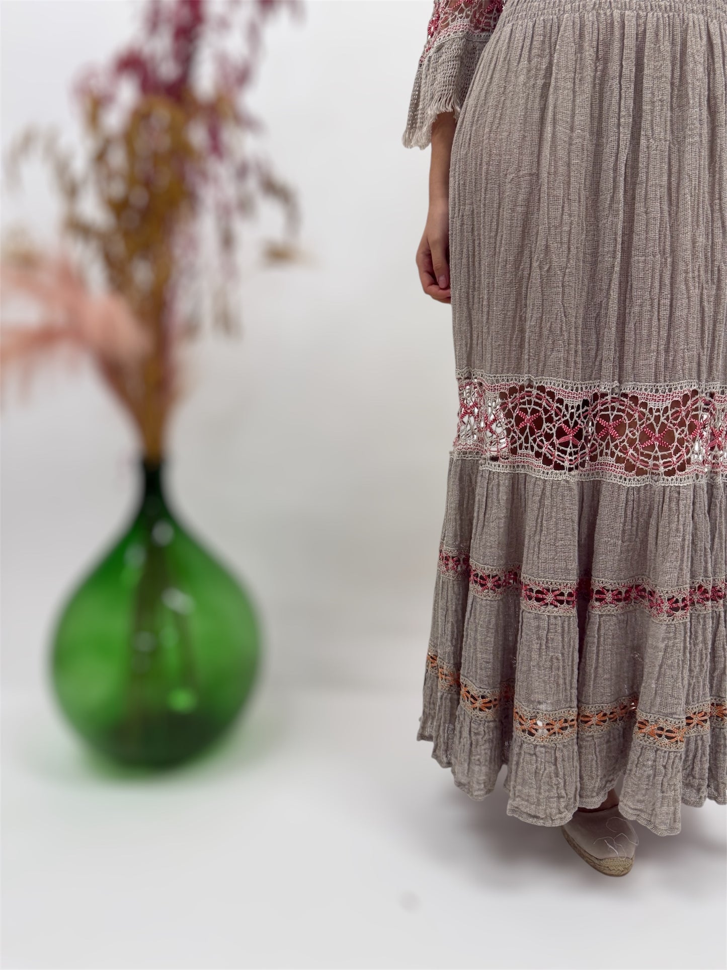 RAW LINEN DRESS WITH LACE INSERTS MADE IN ITALY POSITANO BEACH FASHION