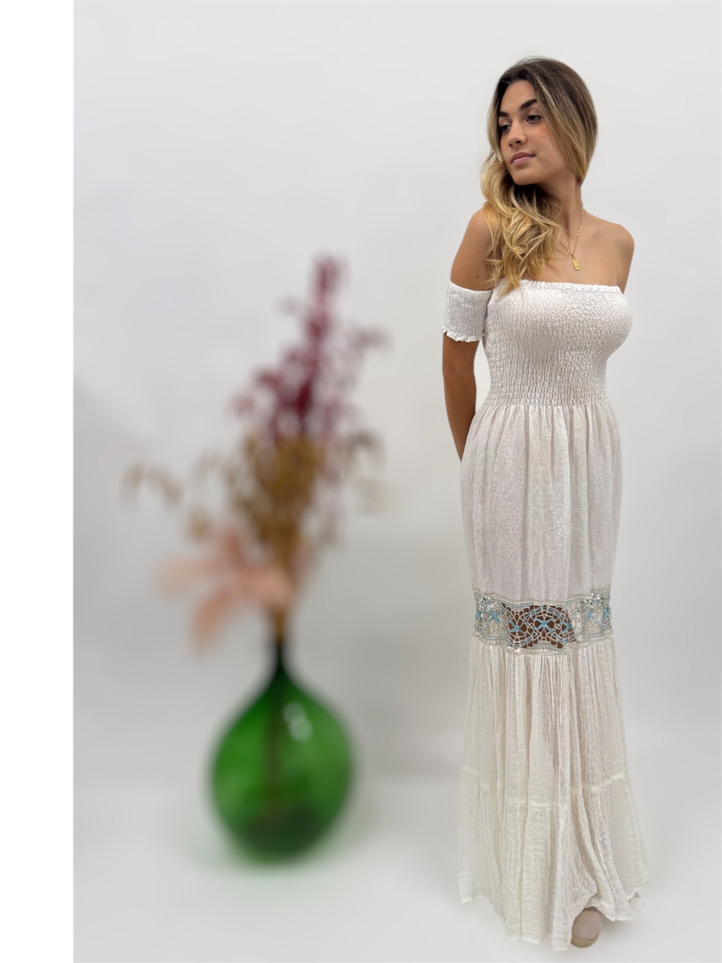LINEN DRESS WITH LACE INSERTS MADE IN ITALY POSITANO BEACH FASHION