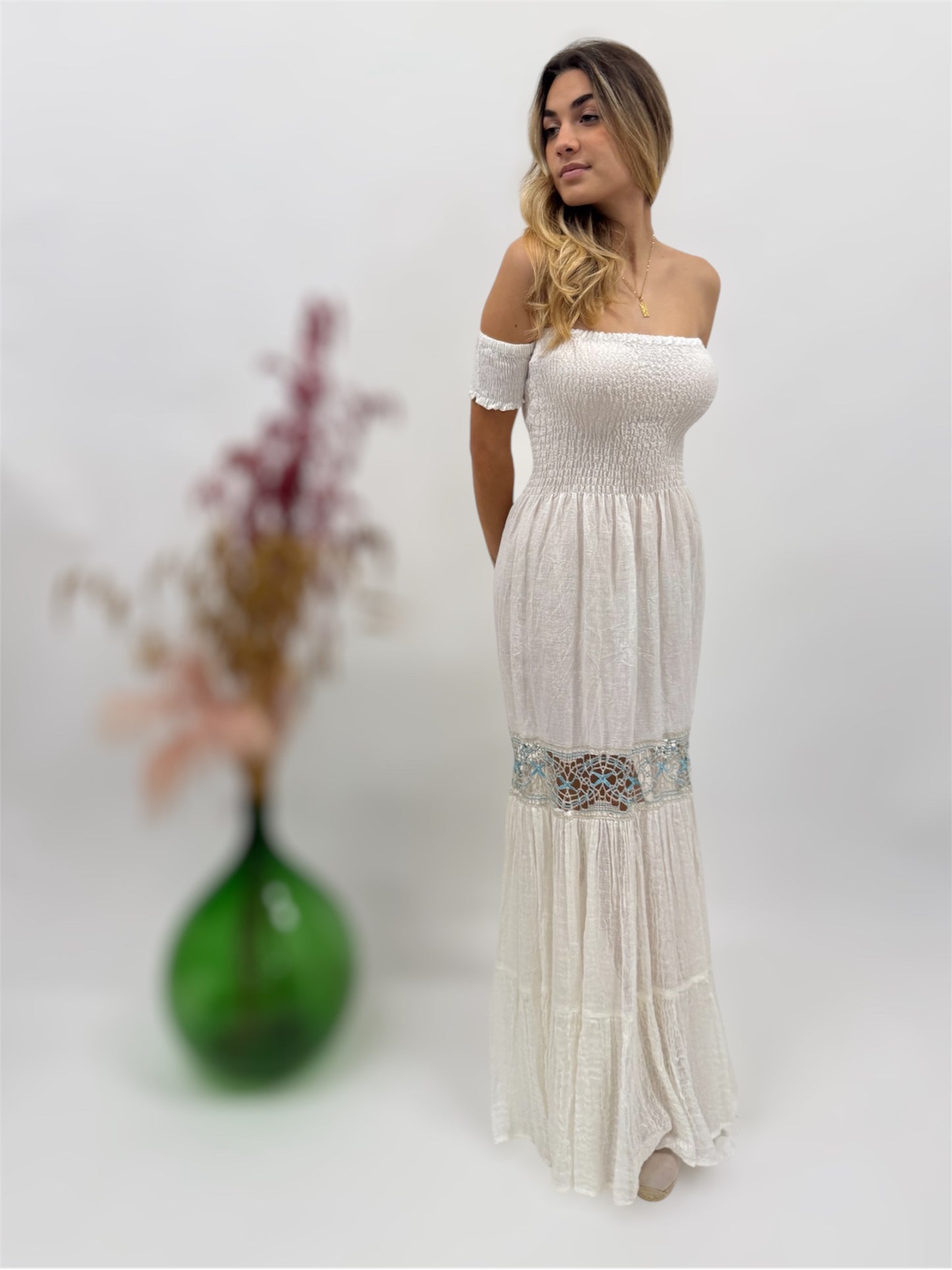 LINEN DRESS WITH LACE INSERTS MADE IN ITALY POSITANO BEACH FASHION