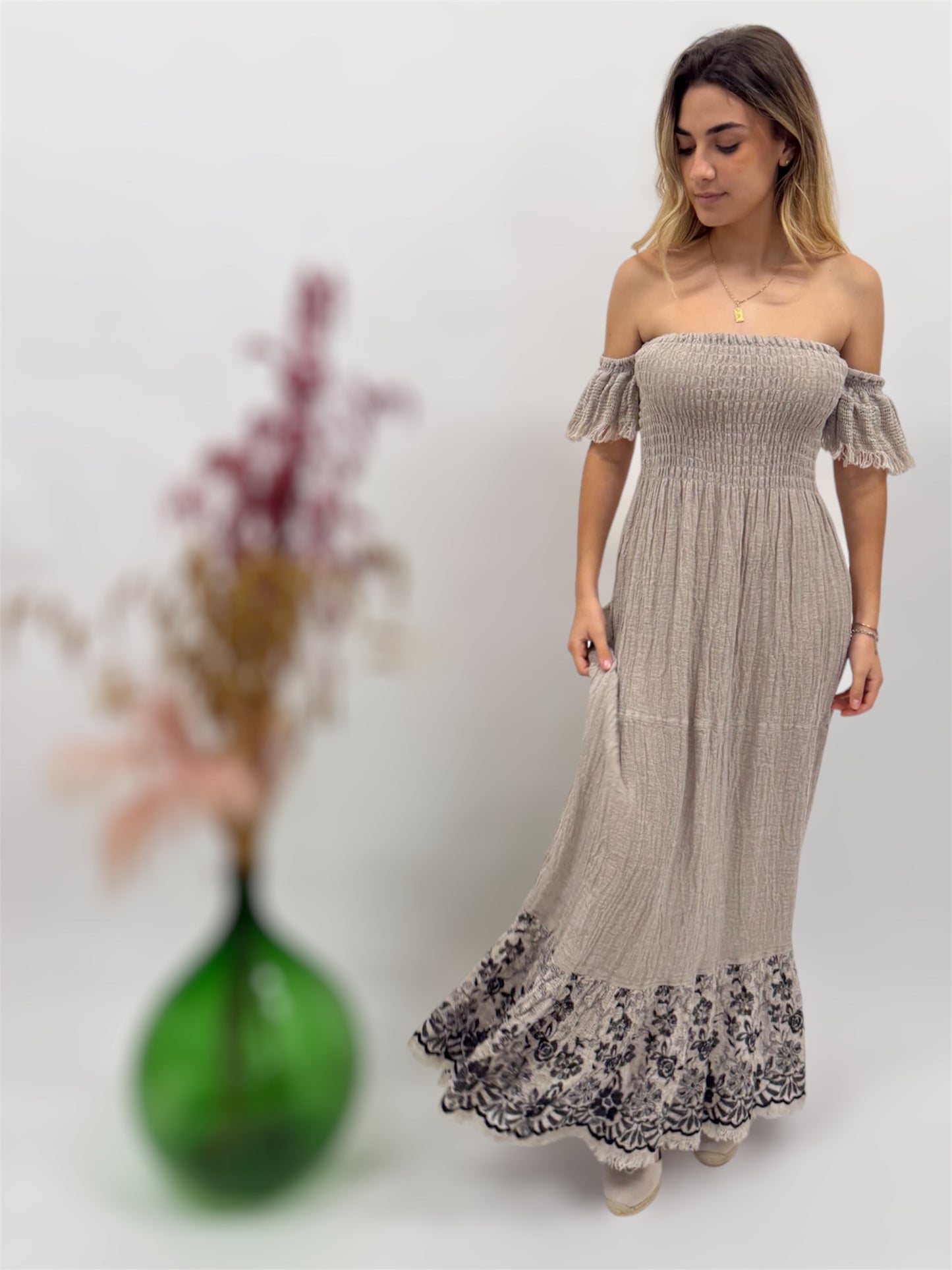 UNFINISHED LINEN DRESS EMBROIDERED MADE IN ITALY POSITANO BEACH FASHION