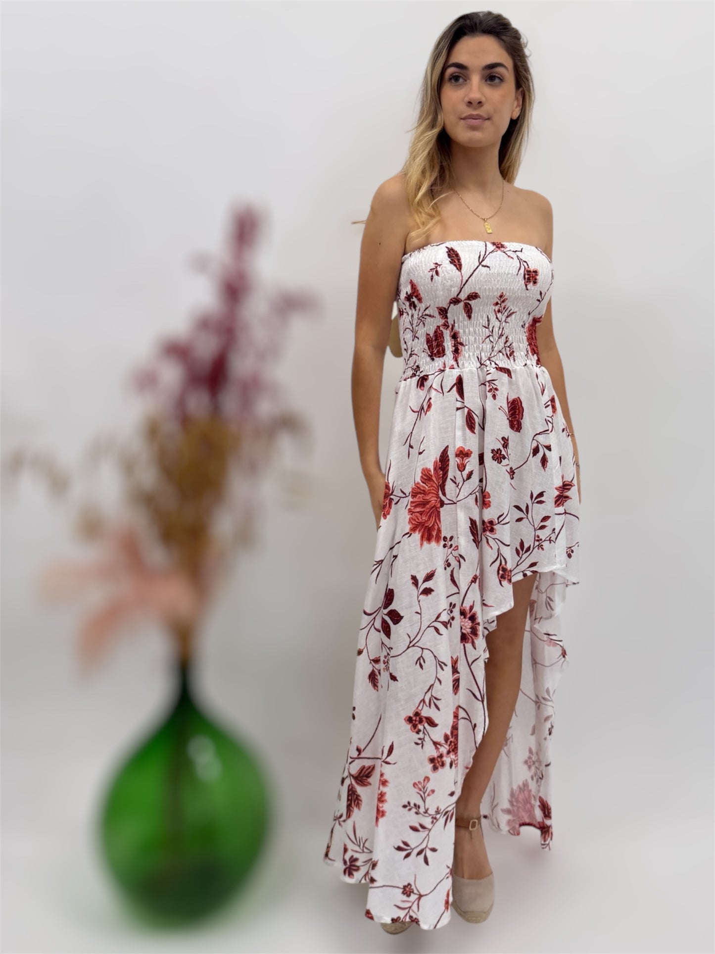 ABITO CORTO AVANTI IN LINO STAMPATO MODA MARE POSITANO