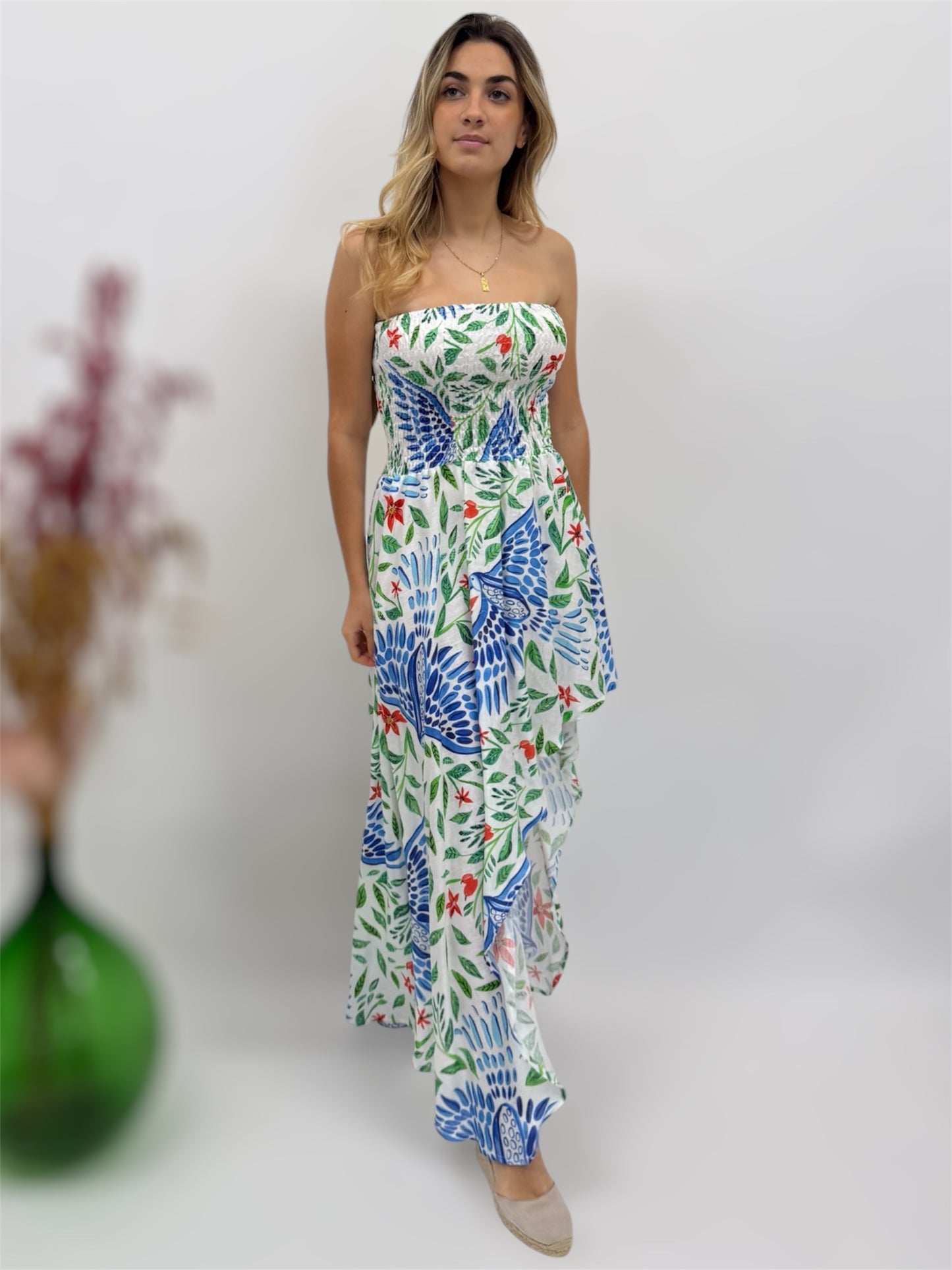 SHORT LINEN DRESS WITH PRINTED FRONT BEACH FASHION POSITANO MADE IN ITALY