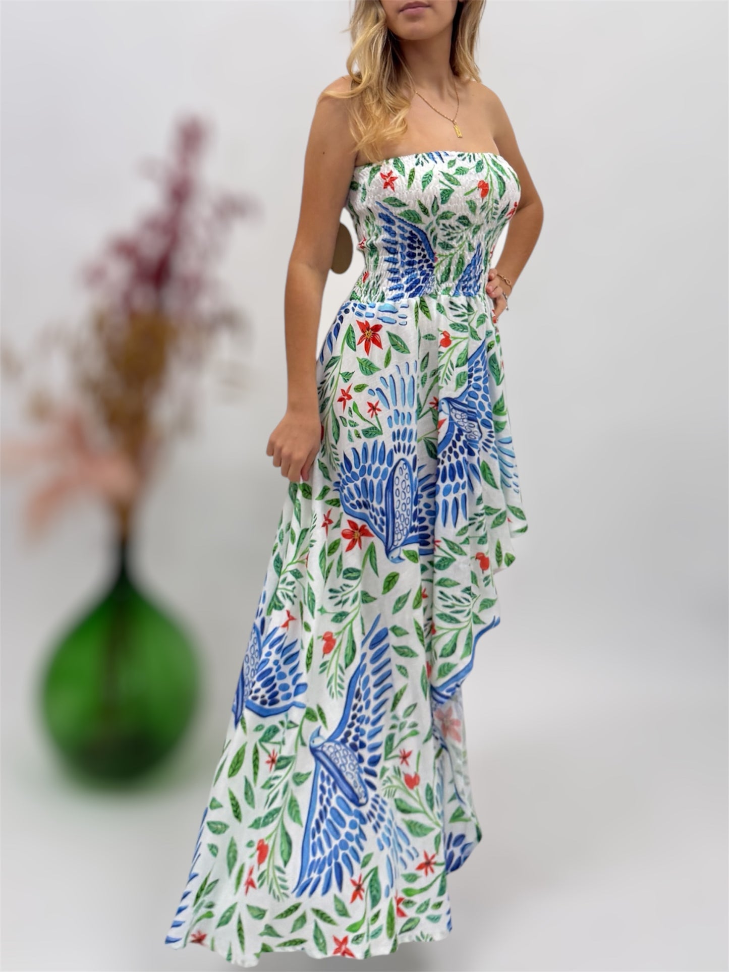 SHORT LINEN DRESS WITH PRINTED FRONT BEACH FASHION POSITANO MADE IN ITALY