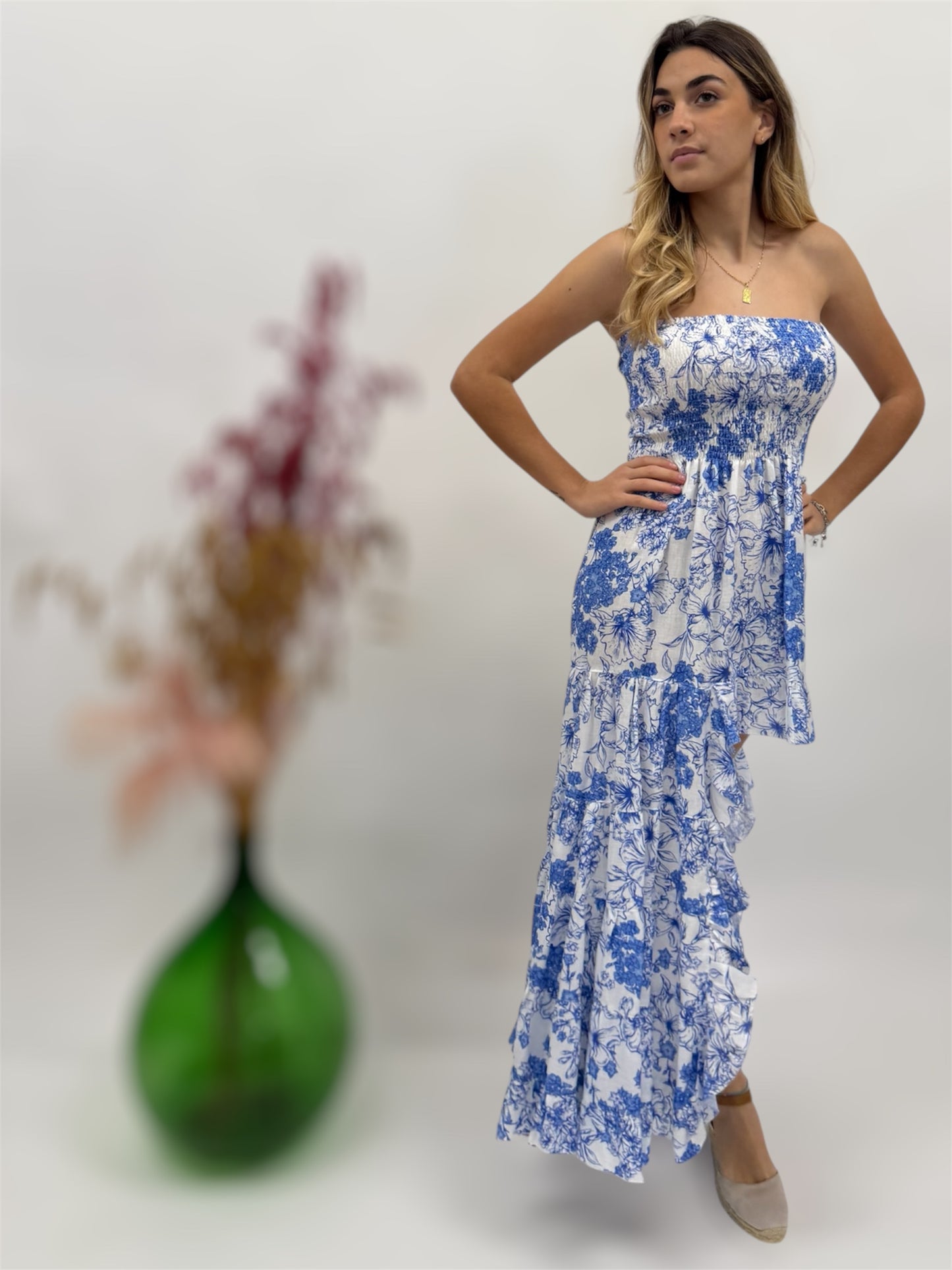 SHORT DRESS WITH PRINTED LINEN FRONT BEACH FASHION POSITANO MADE IN ITALY