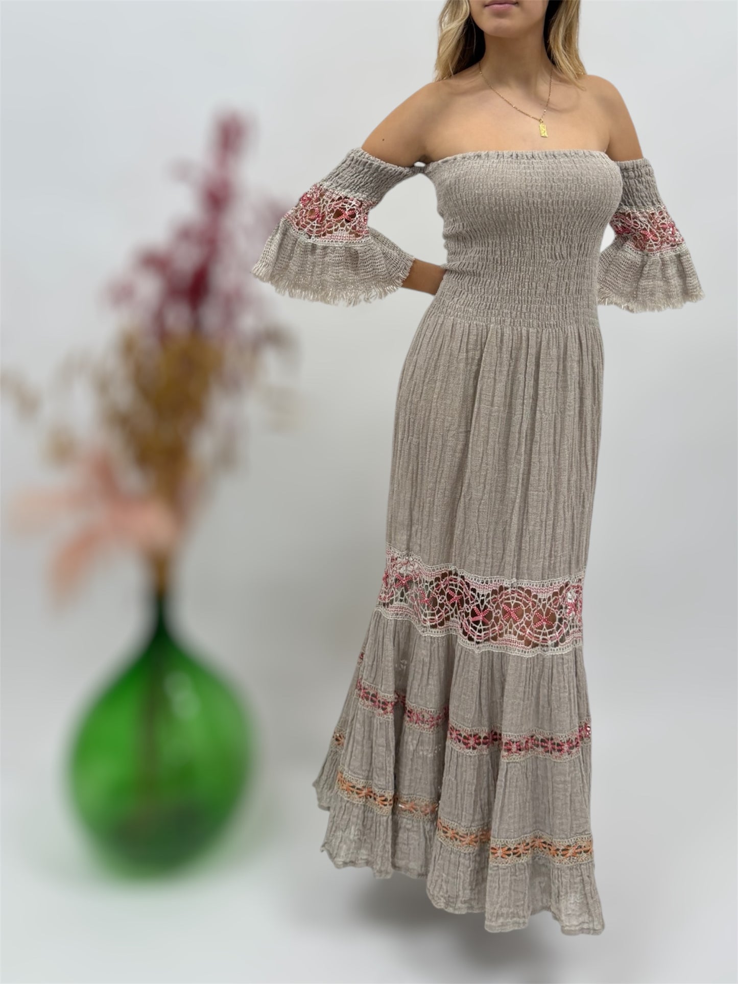 RAW LINEN DRESS WITH LACE INSERTS MADE IN ITALY POSITANO BEACH FASHION