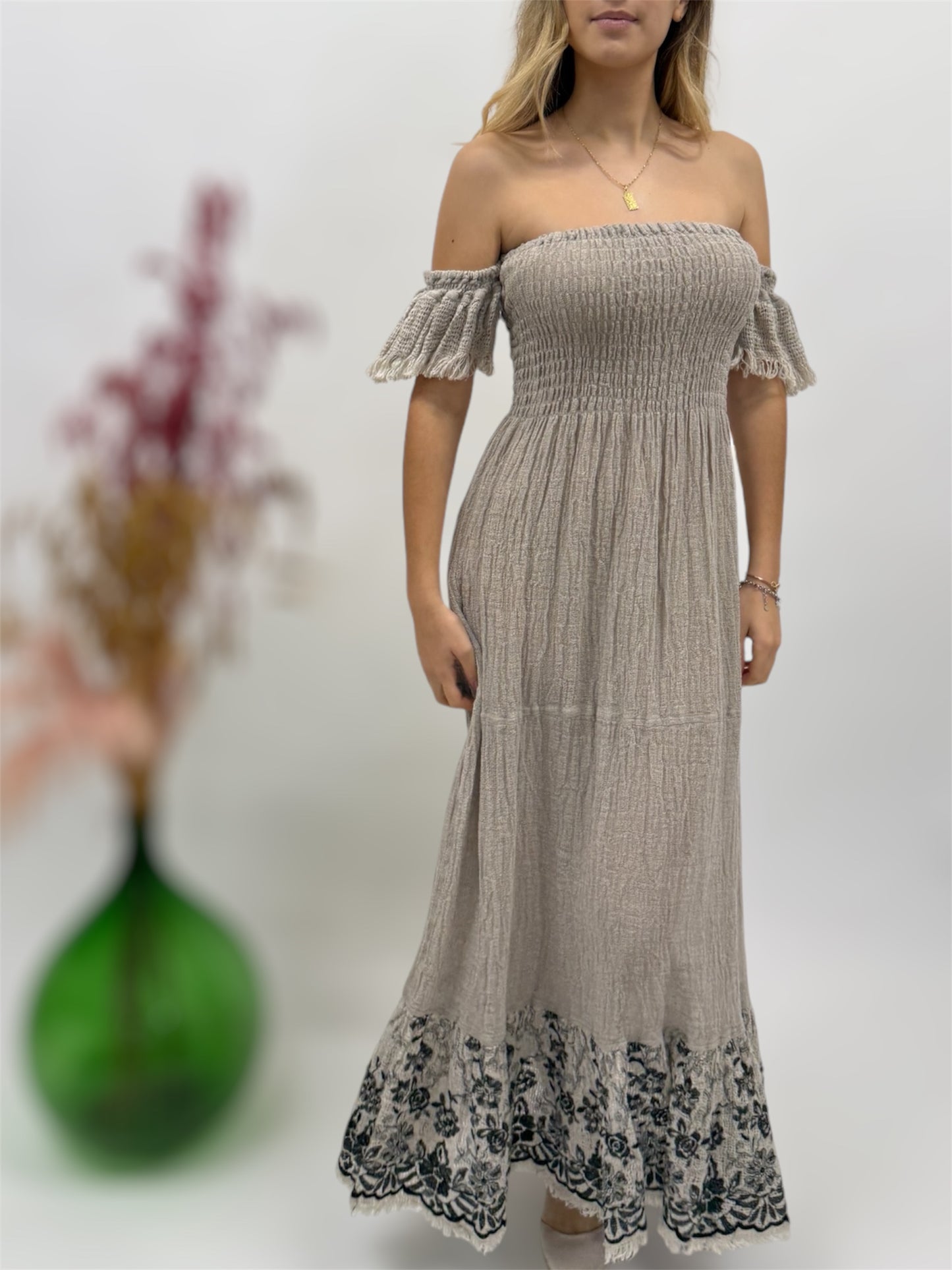 UNFINISHED LINEN DRESS EMBROIDERED MADE IN ITALY POSITANO BEACH FASHION