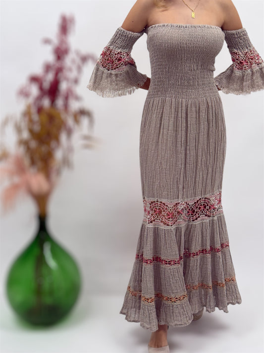 RAW LINEN DRESS WITH LACE INSERTS MADE IN ITALY POSITANO BEACH FASHION