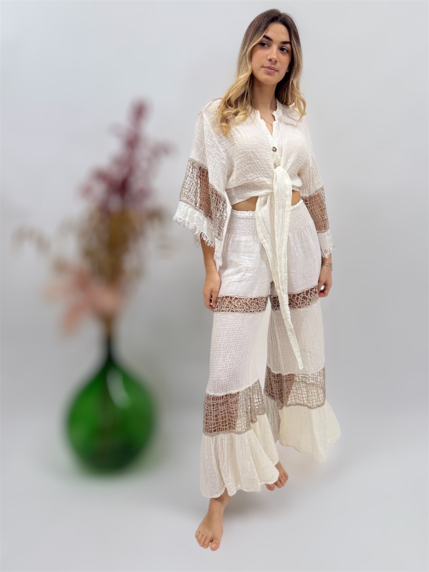 PANTS AND TOP IN NATURAL LINEN AND LACE FASHION BEACH POSITANO MADE IN ITALY