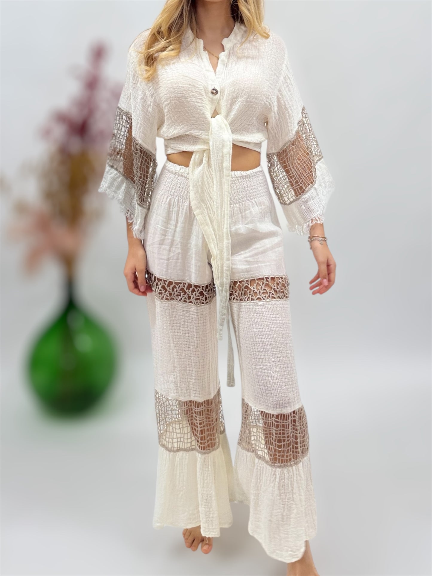 PANTS AND TOP IN NATURAL LINEN AND LACE FASHION BEACH POSITANO MADE IN ITALY