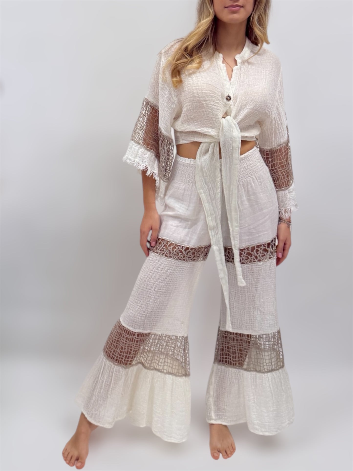 PANTS AND TOP IN NATURAL LINEN AND LACE FASHION BEACH POSITANO MADE IN ITALY