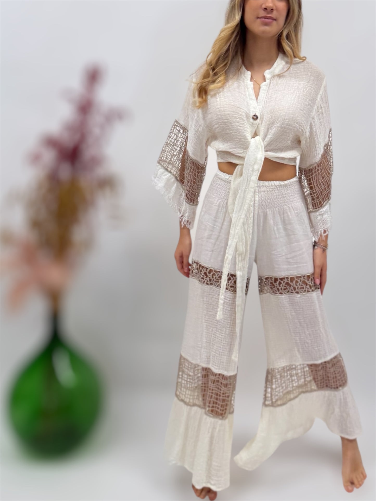 PANTS AND TOP IN NATURAL LINEN AND LACE FASHION BEACH POSITANO MADE IN ITALY