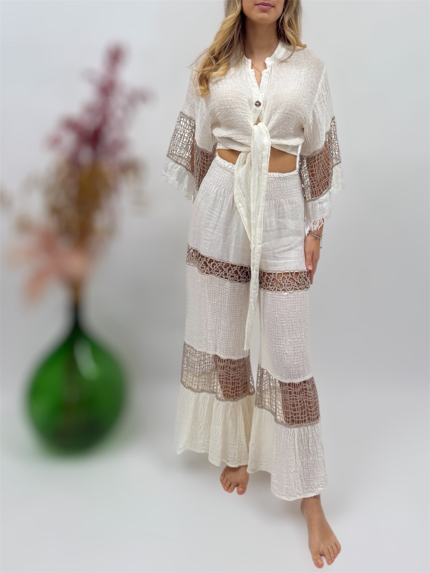 PANTS AND TOP IN NATURAL LINEN AND LACE FASHION BEACH POSITANO MADE IN ITALY