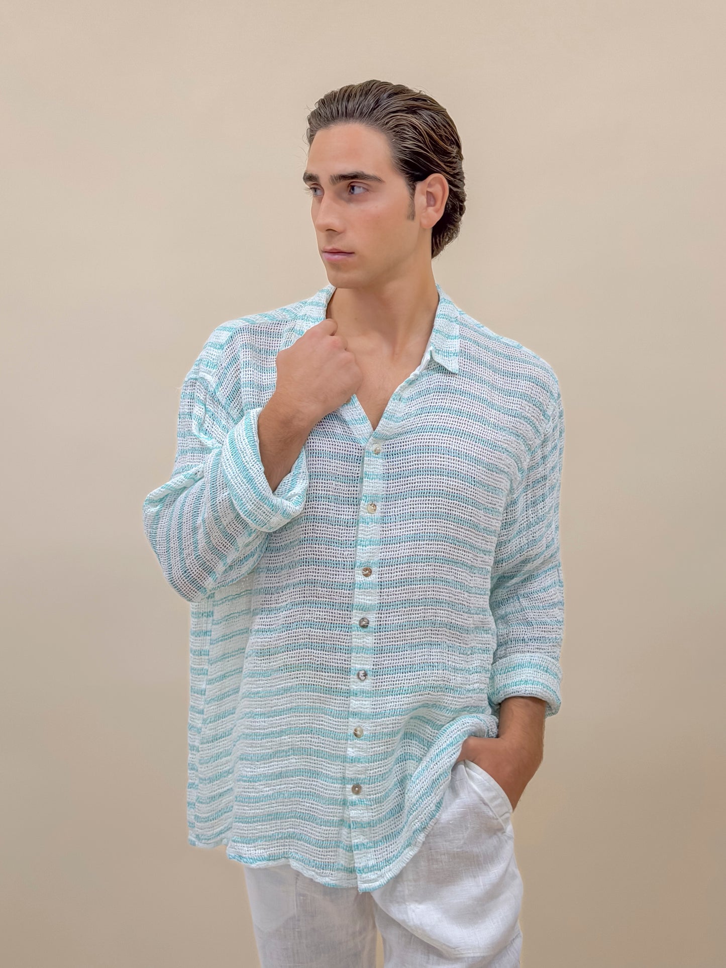 CAMICIA FULL BUTTONS RETE TURCHESE