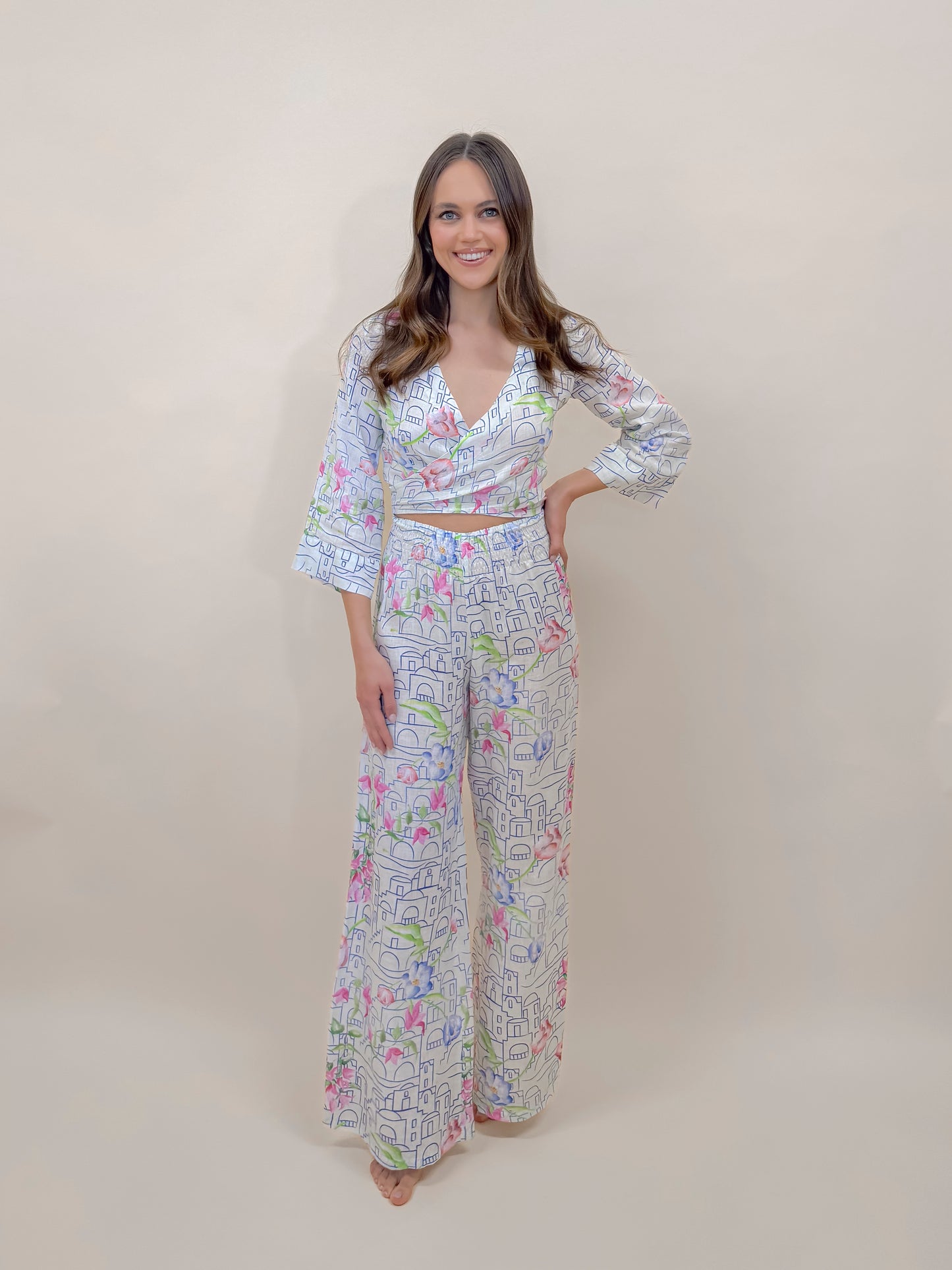 SET PANTALONE E BOLERO STAMPA POSITANO, LINO MODA MARE POSITANO MADE IN ITALY
