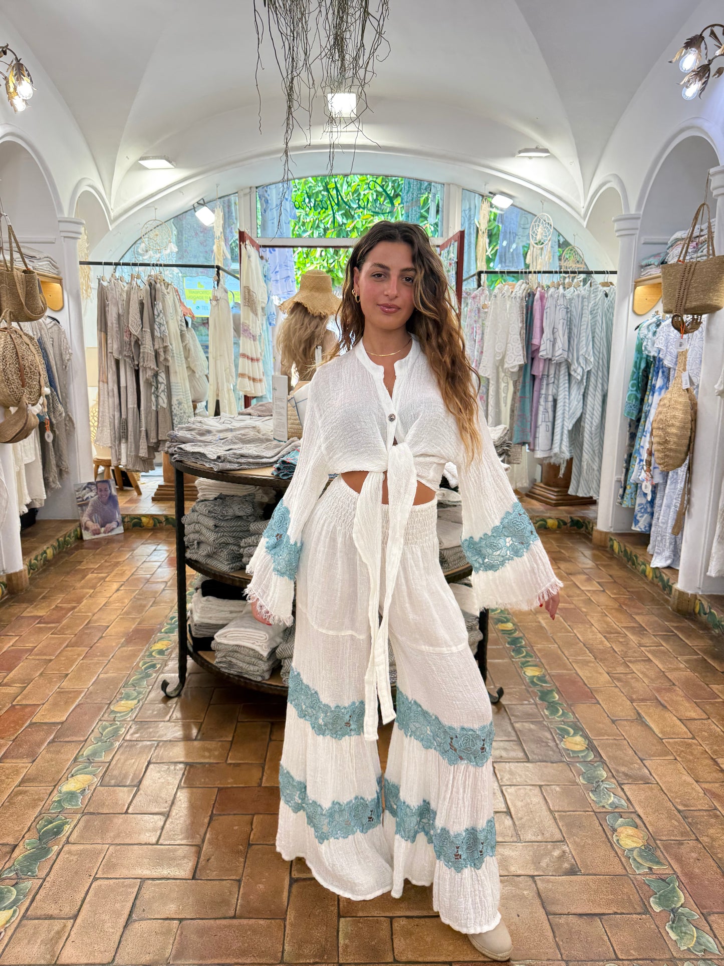Set Pantaloni e top di Lino più pizzo macrame
