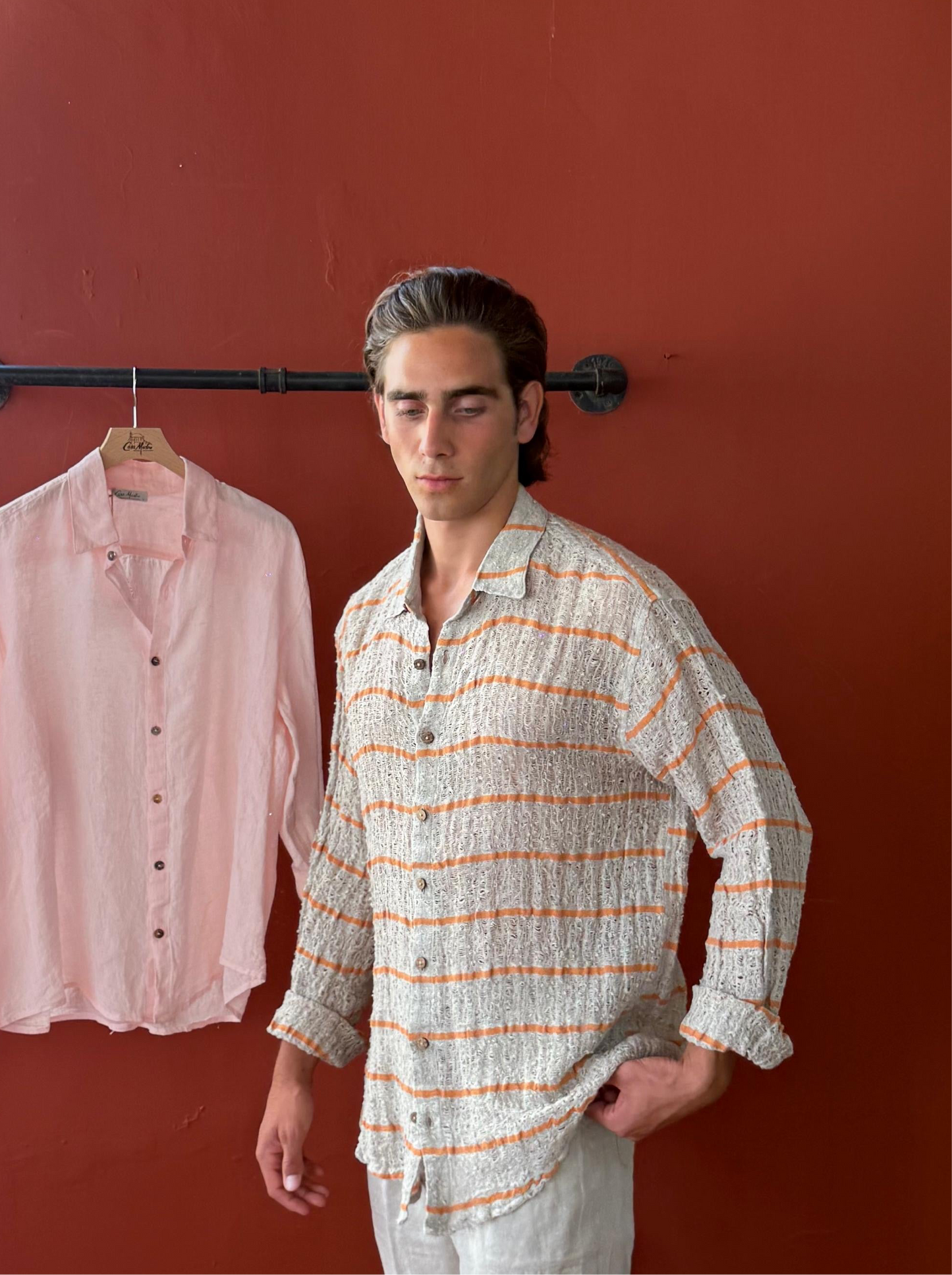 CAMICIA FULLBUTTONS IN RETE DI LINO écru riga arancio