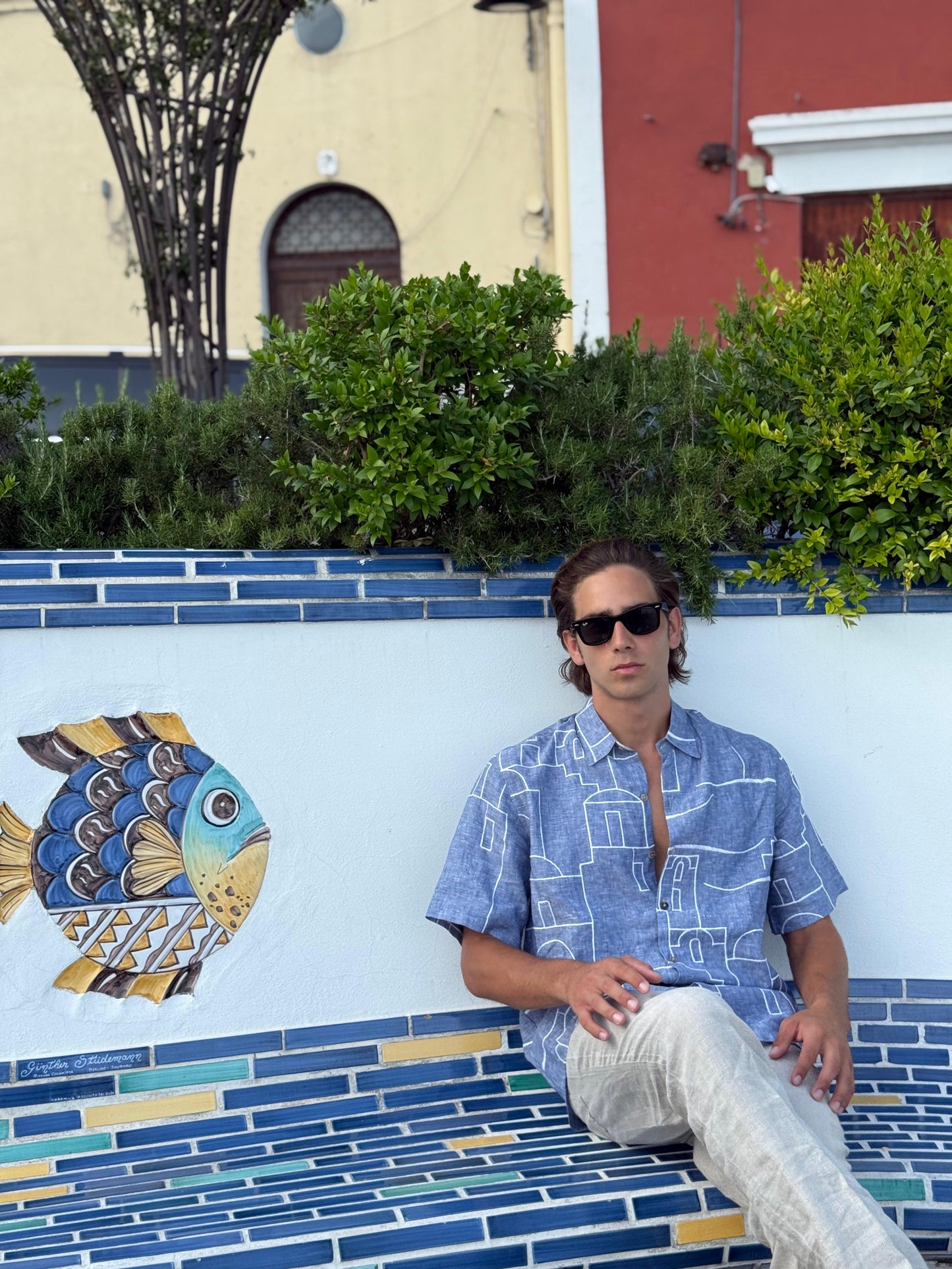CAMICIA MEZZA MENICA POSITANO PATTERN EMBROIDERED OUTLINE