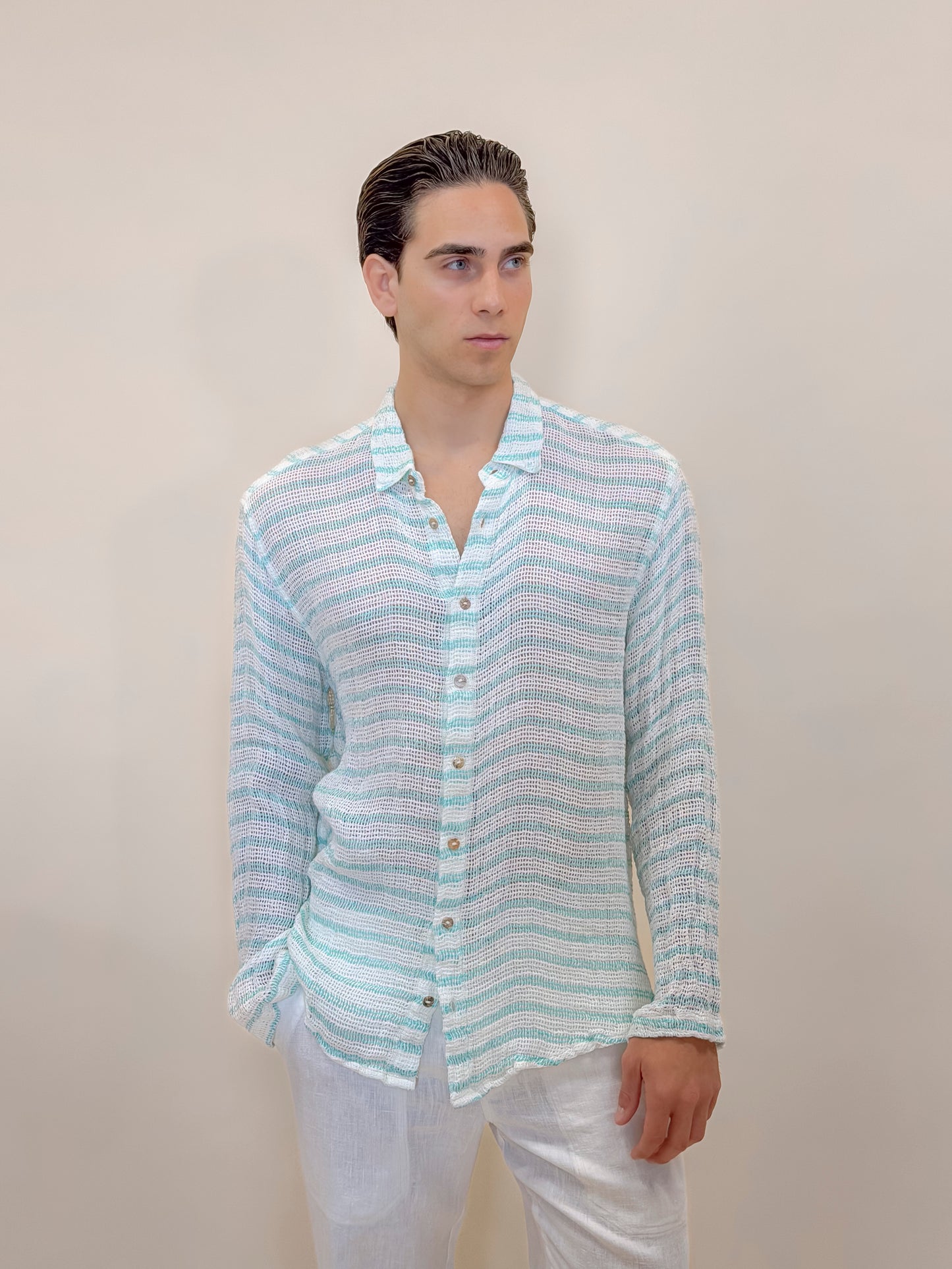 CAMICIA FULL BUTTONS RETE TURCHESE