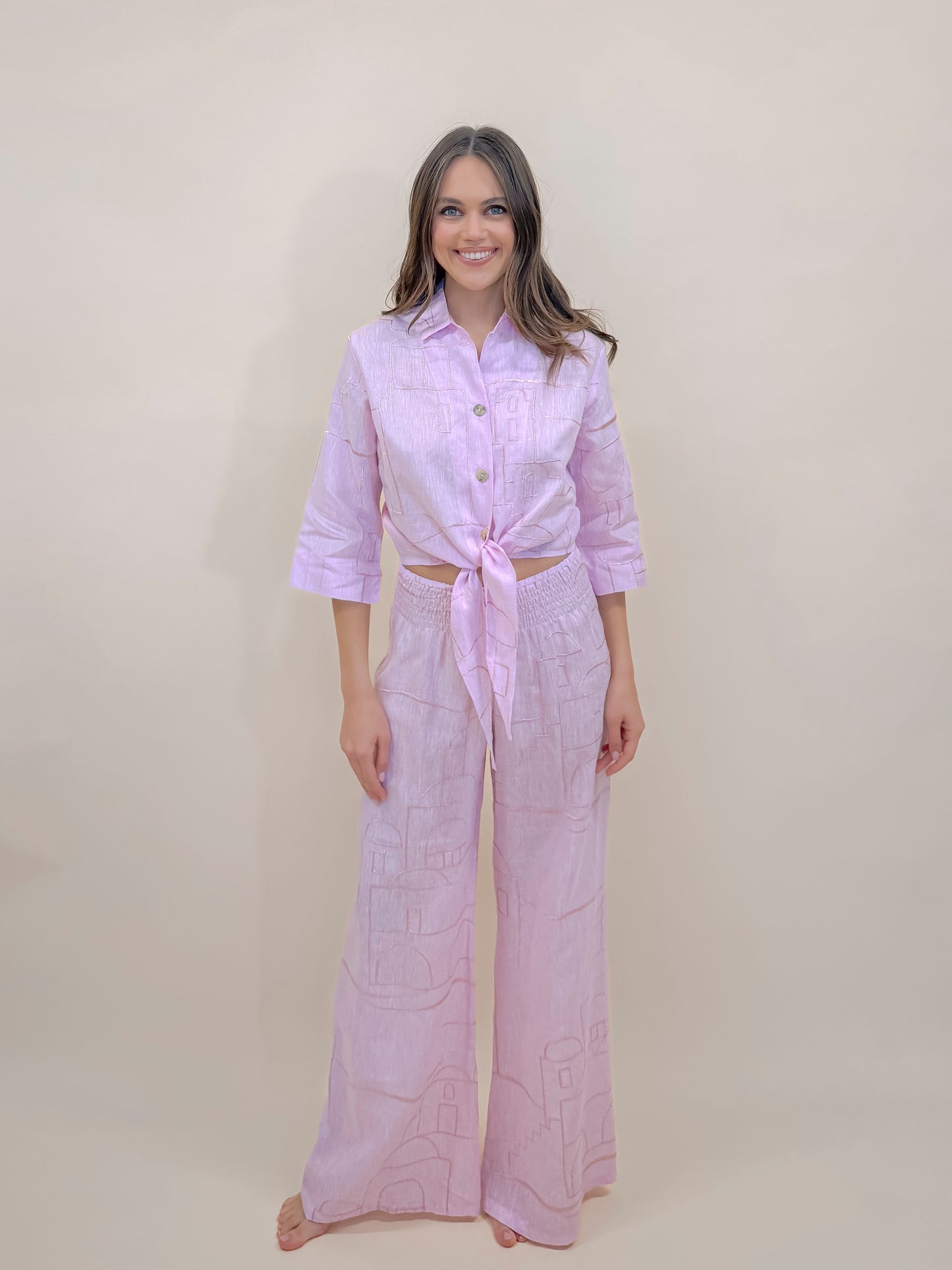 SET PANTALONE E CAMICIA SOFIA IN PURO LINO CON RICAMO POSA POSA