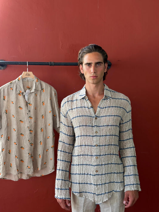 CAMICIA FULLBUTTONS IN RETE DI LINO écru riga blue