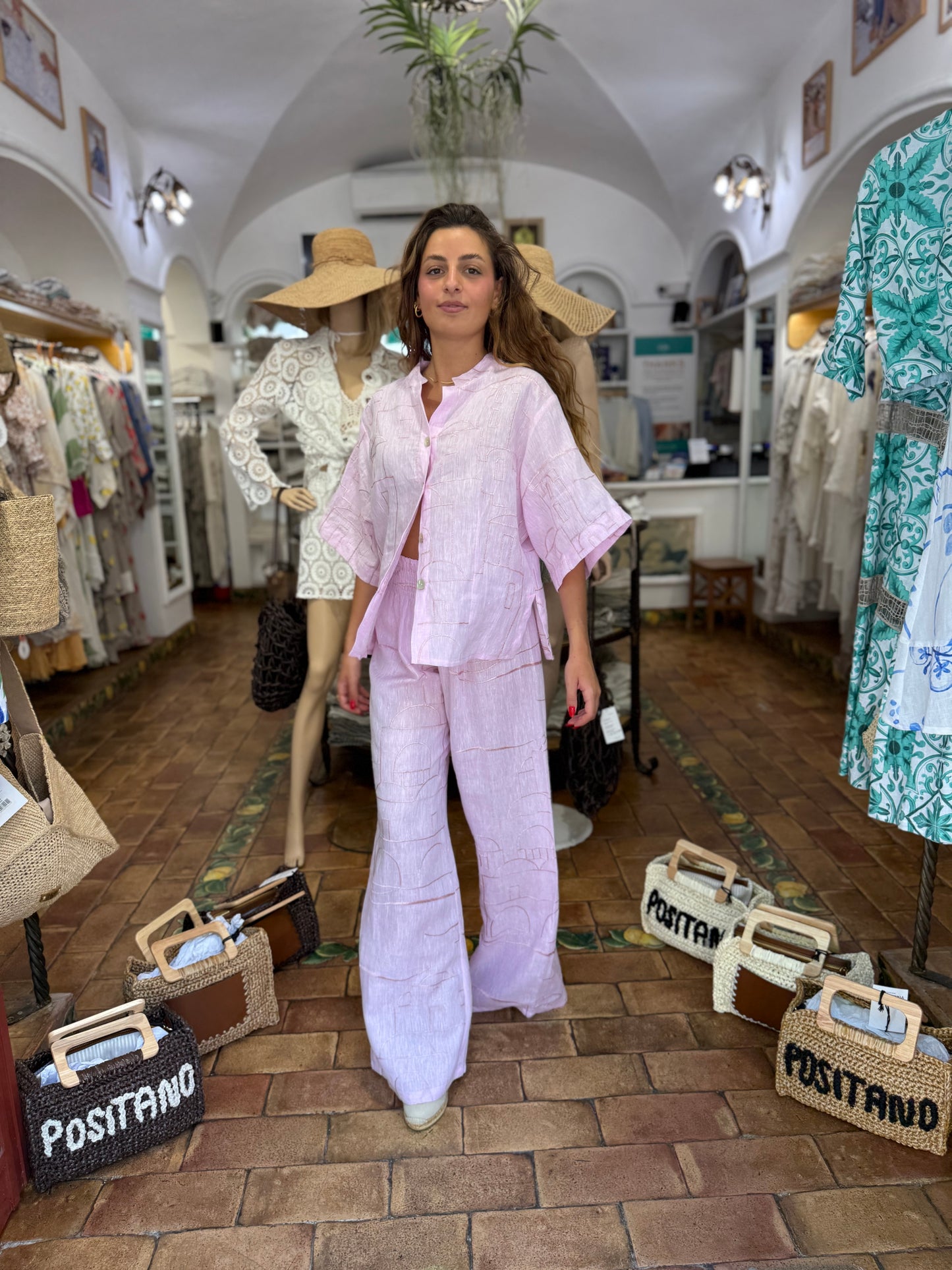COMPLETO IN LINO RICAMATO MODA MARE POSITANO MADE IN ITALY
