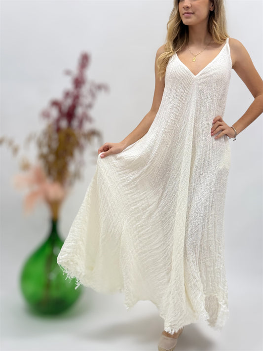 Long raw linen net dress