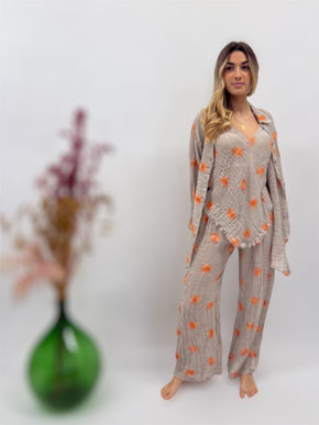 SET OF THREE PIECES TROUSERS TOP AND JACKET IN RAW LINEN with EMBROIDERED SUNS