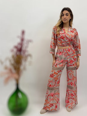 Bolero Top in printed linen and tiered trousers and laces