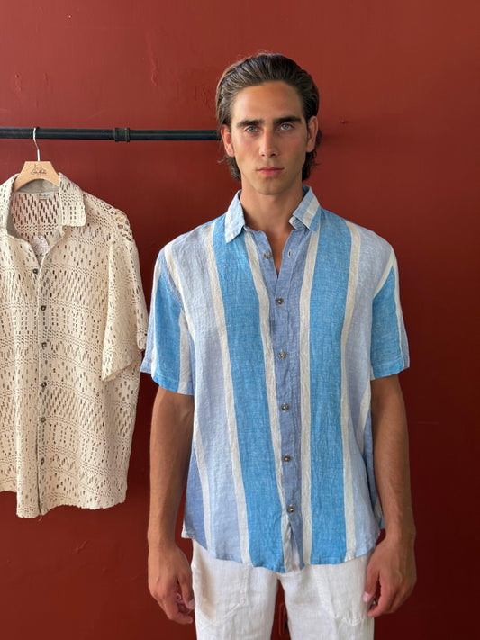 CAMICIA MEZZA MANICA IN PURO LINO FASCE TURCHESI E AZZURRO