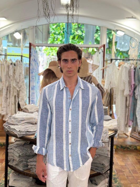 (Copia) CAMICIA REGULAR FIT IN 100% LINEN FASCE BANDE DENIM COLOUR