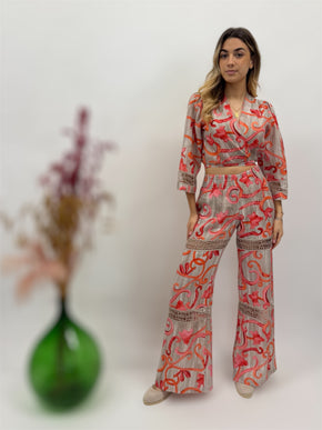 Bolero Top in printed linen and tiered trousers and laces