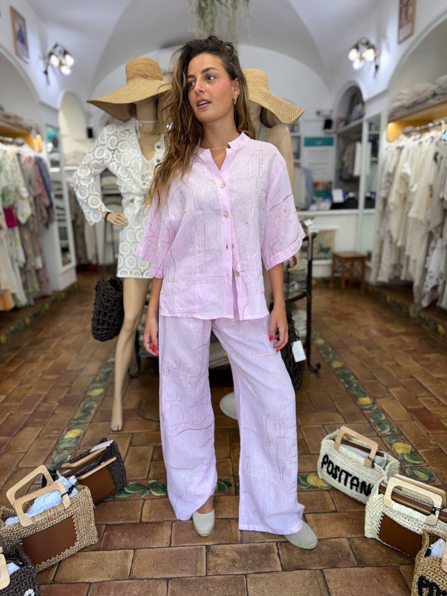 COMPLETO IN LINO RICAMATO MODA MARE POSITANO MADE IN ITALY