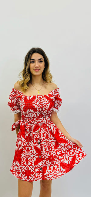 DRESS BIANCA IN PRINTED RED MAJOLICA